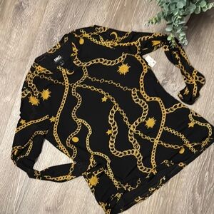 INC International Concepts Women's Black and Gold Chain Print Top